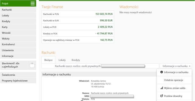 MENU GŁÓWNE SERWISU - PULPIT Menu główne serwisu Internet Banking, czyli zakładka Pulpit umożliwia przeglądanie w formie tabel informacji o wszystkich Twoich rachunkach prowadzonych w Banku oraz