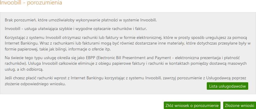 w roku. Aby włączyć usługę, należy wybrać rachunek, z którego mają być regulowane płatności za pośrednictwem usługi Invoobill. Zostanie wyświetlone okno z danymi wybranego rachunku.