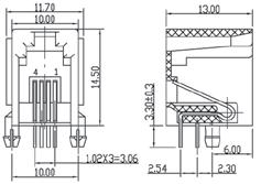 8P8C, mini size, angled, for PCB, with panel stops gniazdo telefoniczne 8P8C, miniaturowe, kątowe do druku, ekranowane modular jack 8P8C, mini size, angled, for PCB gniazdo telefoniczne 8P8C,