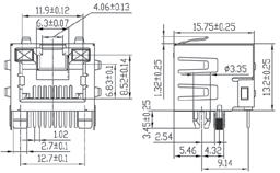 kołnierzem modular jack 4P4C, mini size, angled, for PCB, with panel stops gniazdo telefoniczne 6P4C, miniaturowe, kątowe, do druku, z kołnierzem modular jack 6P4C, mini size, angled, for PCB, with