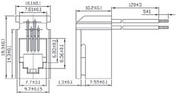 panel stops, for PCB, gold plated 6u gniazdo telefoniczne 6P4C, pionowe do druku, bez kołnierza, styki pozłacane 6u modular jack 6P4C, top entry, without panel stops, for PCB, gold plated 6u gniazdo