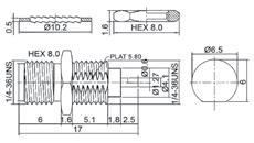 skręcane, 50 Ohm izolator z teflonu, korpus i nakrętka mosiężne, pin fosforobrąz, złocone SMA Female Panel Mount RG174, screwed
