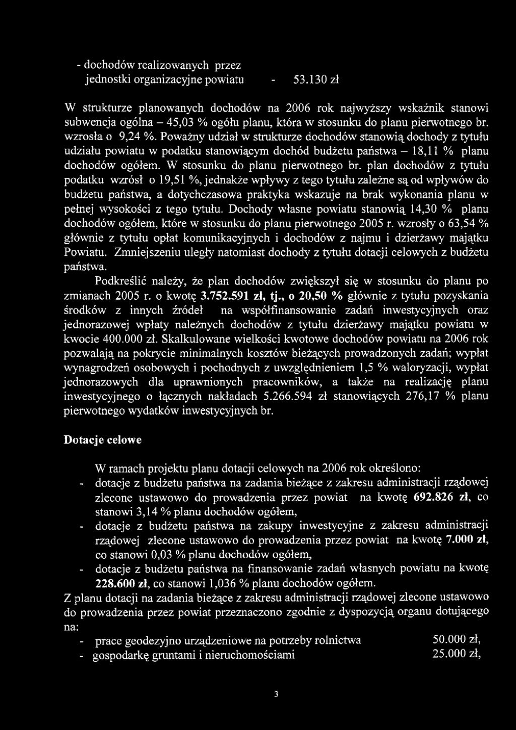 Poważny udział w strukturze dochodów stanowią dochody z tytułu udziału powiatu w podatku stanowiącym dochód budżetu państwa - 18,11 % planu dochodów ogółem. W stosunku do planu pierwotnego br.