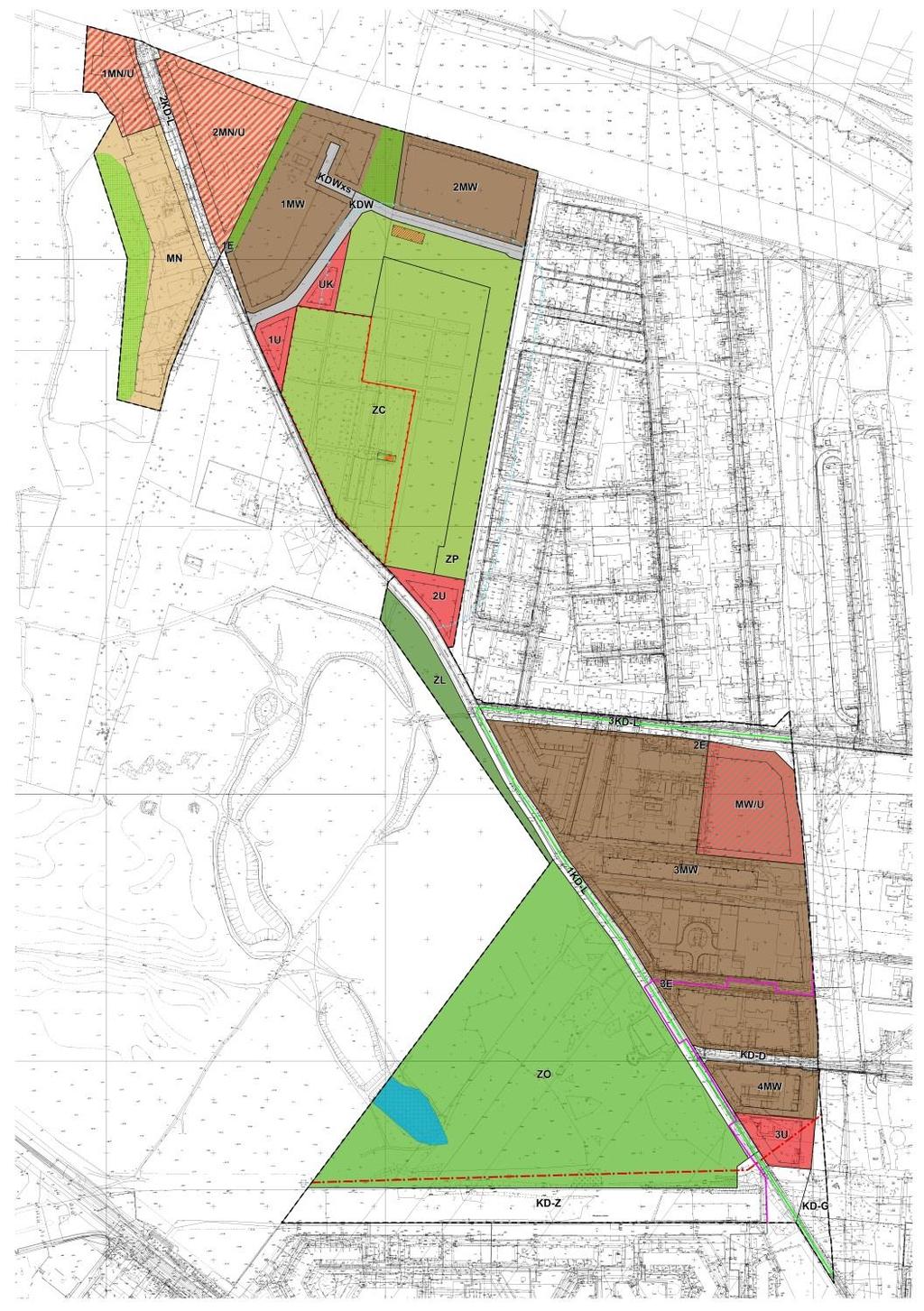 Projekt planu Zabudowa mieszkaniowa jednorodzinna lub usługowa wolno stojąca 8 m dla mieszkalnych (2 kond.), 10 m dla mieszkalno-usługowych lub usługowych (2 kond.). Zabudowa mieszkaniowa jednorodzinna wolno stojąca lub bliźniacza 8 m dachy płaskie (2 kond.