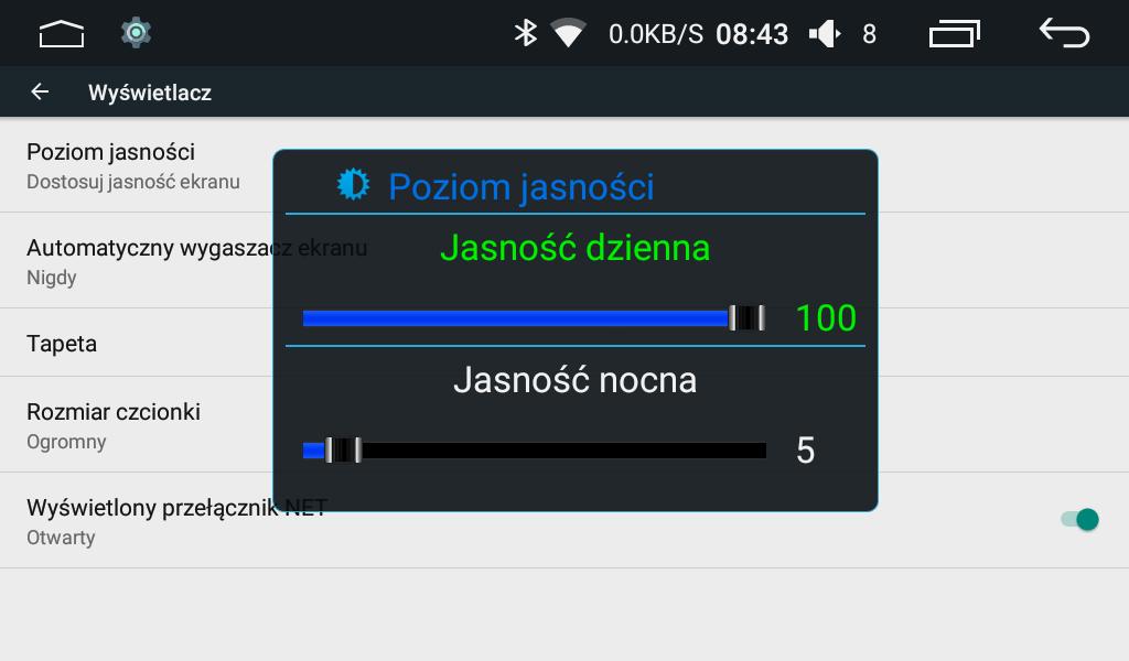 wybierz inny język. Ustawienia Urządzenie - Wyświetlacz Poziom jasności (rys 12). Dotknij Urządzenie Wyświetlacz Poziom jasności, dostosuj jasność ekranu do jazdy dziennej oraz nocnej.