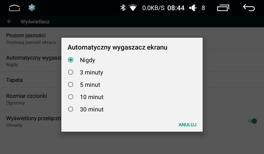 Dotknij Automatyczny wygaszacz ekranu (rys 13), w zależności od potrzeb ustaw czas po którym ekran się wyłączy tj.: 3, 5, 10, 30 minut, zaleca się ustawić Nigdy. Wyświetlany przełącznik NET (rys 14).