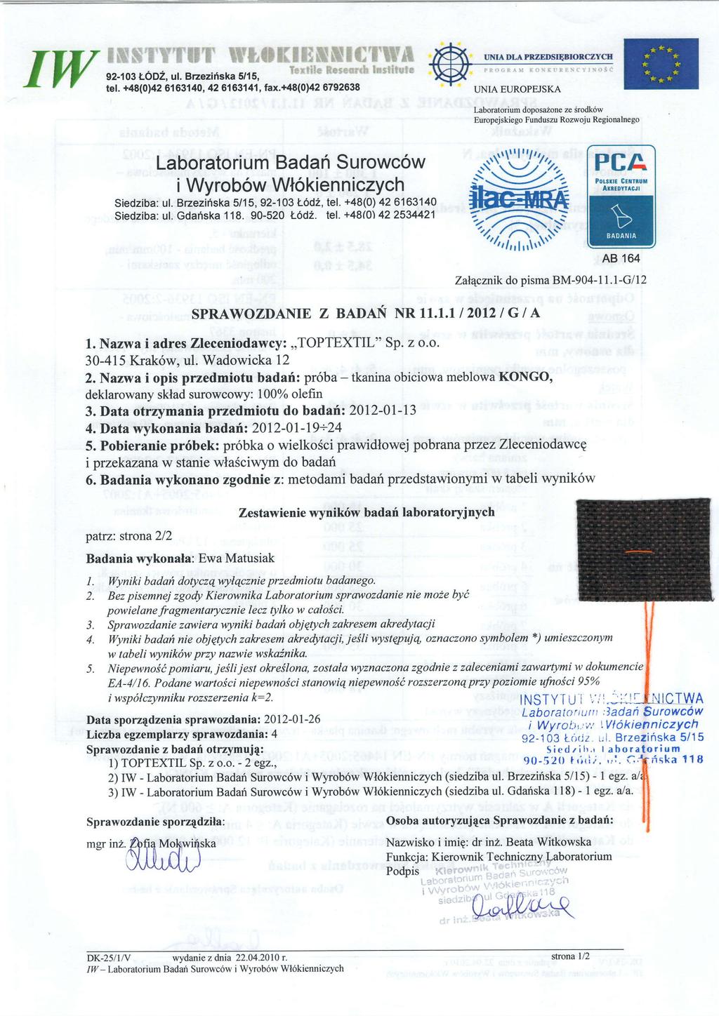 r &t ;*'$ 3''t'*r'f lt-*,lllil$1 # HI t)r'trtt l*xti!e Fexlt'{l! lntlitvle 92n03 LoDz. ul. Brzezirtska 5/15, t6f. +48(0)42 6163140, 426163141, fax.