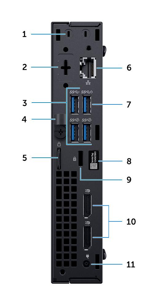 Widok z tyłu 1 Złącza anteny zewnętrznej SMA (opcjonalne) 2 Alternatywny tryb DisplayPort/HDMI 2.0b/VGA/USB Type- C (opcjonalnie) 3 Dwa porty USB 3.1 drugiej generacji i jeden port USB 3.