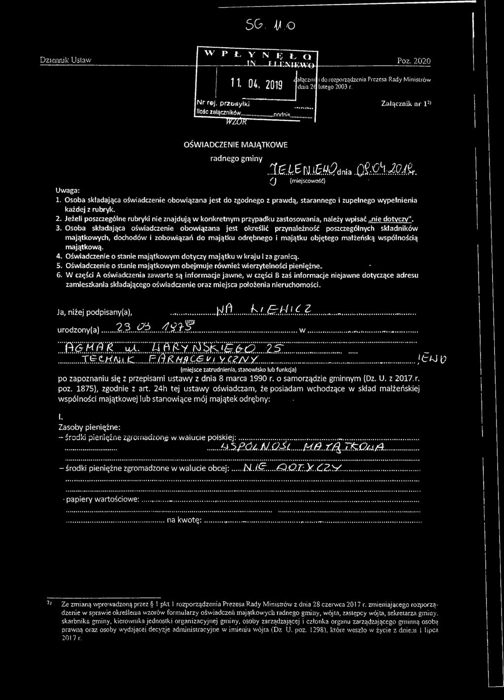 SG. tt.o Dziennik Ustaw w p ł y n ę ł o i N f i, i; \ I EWO Poz. 2020. H 0*. 2019 Nr rej, przesyłki Hośc załączników.