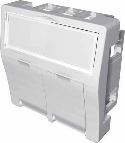 SERIA BC: ADAPTERY DO GNIAZD 45X45 MM BC451C Przeznaczone do montażu modułów RJ45 keystone serii BC Kątowy montaż modułów zmniejsza potrzebną głębokość montażową w puszkach i trasach kablowych Dwie