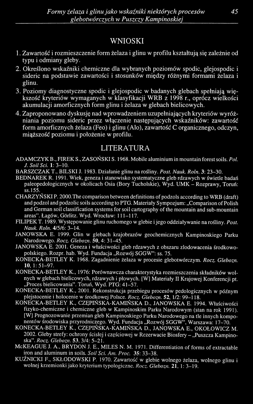 Określono wskaźniki chemiczne dla wybranych poziomów spodic, glejospodic i sideric na podstawie zawartości i stosunków między różnymi formami żelaza i glinu. 3.