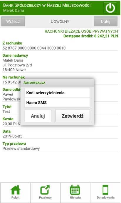 Rys. 19 Autoryzacja przelewu z kodem uwierzytelnienia Anuluj wycofujesz się z transakcji do poprzedniego okna.