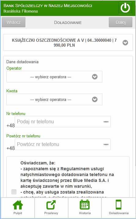 13. Doładowanie PULPIT DOŁADOWANIE JEDNORAZOWE / ZDEFINIOWANE LUB PRZYCISK W DOLNYM MENU JEDNORAZOWE / ZDEFINIOWANE Rys. 26.