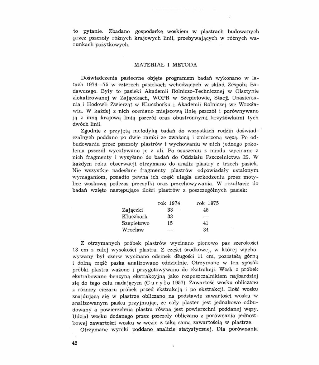 to pytanie. Zbadano gospodarkę woskiem w plastrach budowanych przez pszczoły różnych krajowych linii, przebywających w różnych warunkach pożytkowych.