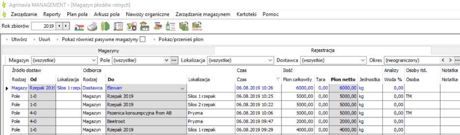 W oknie tym widać tylko plony główne. Funkcja ta otwiera okno, w którym widoczne są plony do przeniesienia z magazynu do planu pola. Widoczne są również plony zapisane w arkuszu pola.