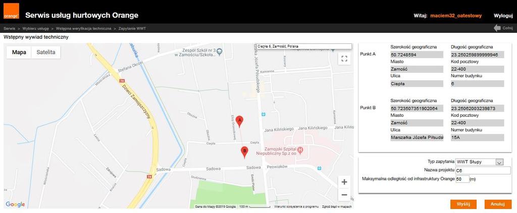 dla danej usługi. Mapka pozwoli na osadzenie na niej tylko i wyłącznie dwóch markerów A i B. Istnieje możliwość przesuwania tych markerów oraz usuwania ich po ponownym kliknięciu.