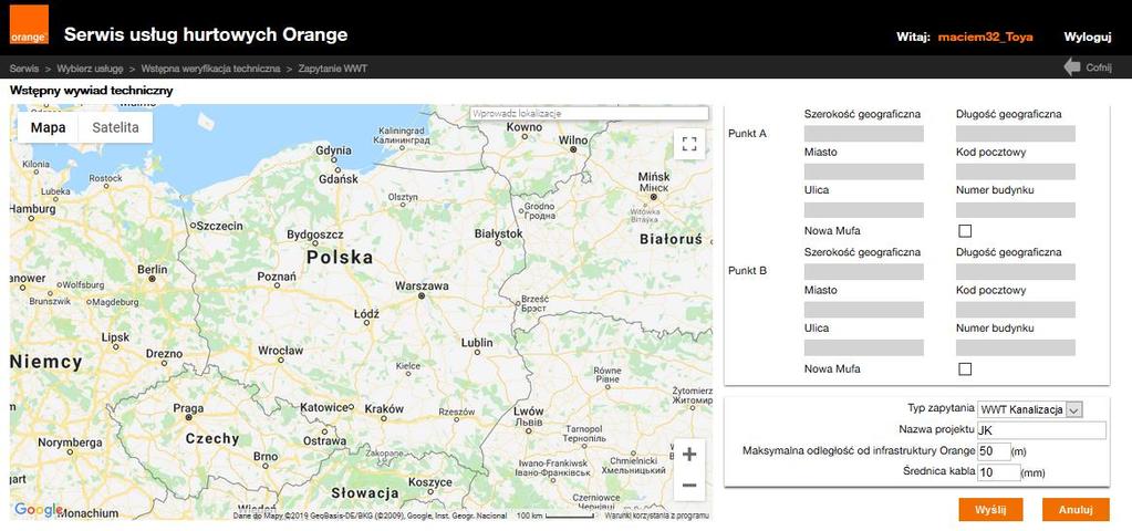 Kanalizacja kablowa I. Rejestracja zapytania WWT (wstępna weryfikacja techniczna) Po uruchomieniu kafla Zapytanie WWT pojawi się ekran zawierający 1.