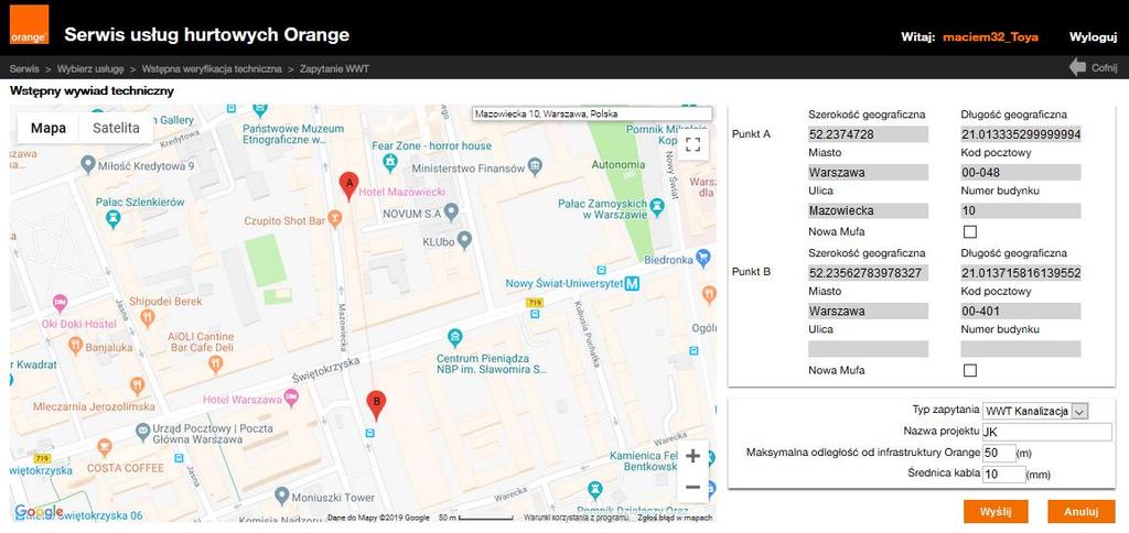 Mapka pozwoli na osadzenie na niej tylko i wyłącznie dwóch markerów A i B. Istnieje możliwość przesuwania tych markerów oraz usuwania ich po ponownym kliknięciu.