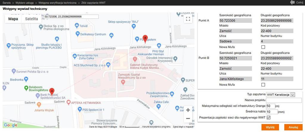 Przesuwanie markerów spowoduje, że wartości szerokości i długości będą aktualizowane. Usunięcie markerów spowoduje usunięcie wartości w polach długość i szerokość geograficzna.