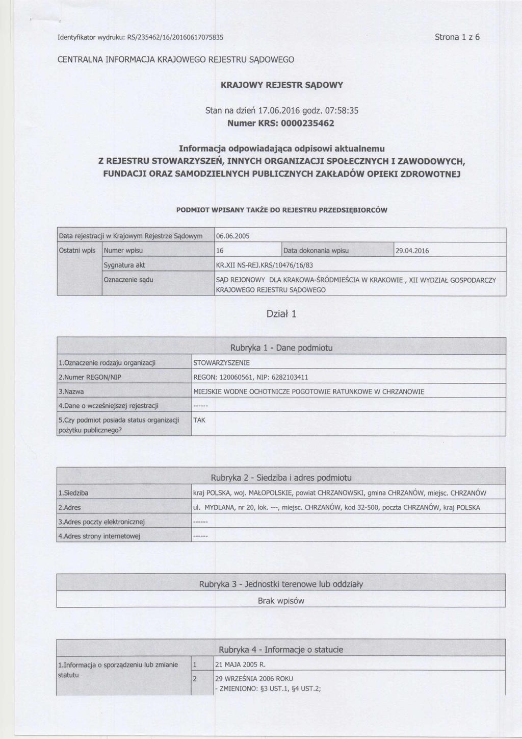 Identyfikator wydruku: RS/235462/16/20160617075835 Strona 1 z 6 CENTRALNA INFORMACJA KRAJOWEGO REJESTRU SĄDOWEGO KRAJOWY REJESTR SĄDOWY Stan na dzień 17.06.2016 godz.