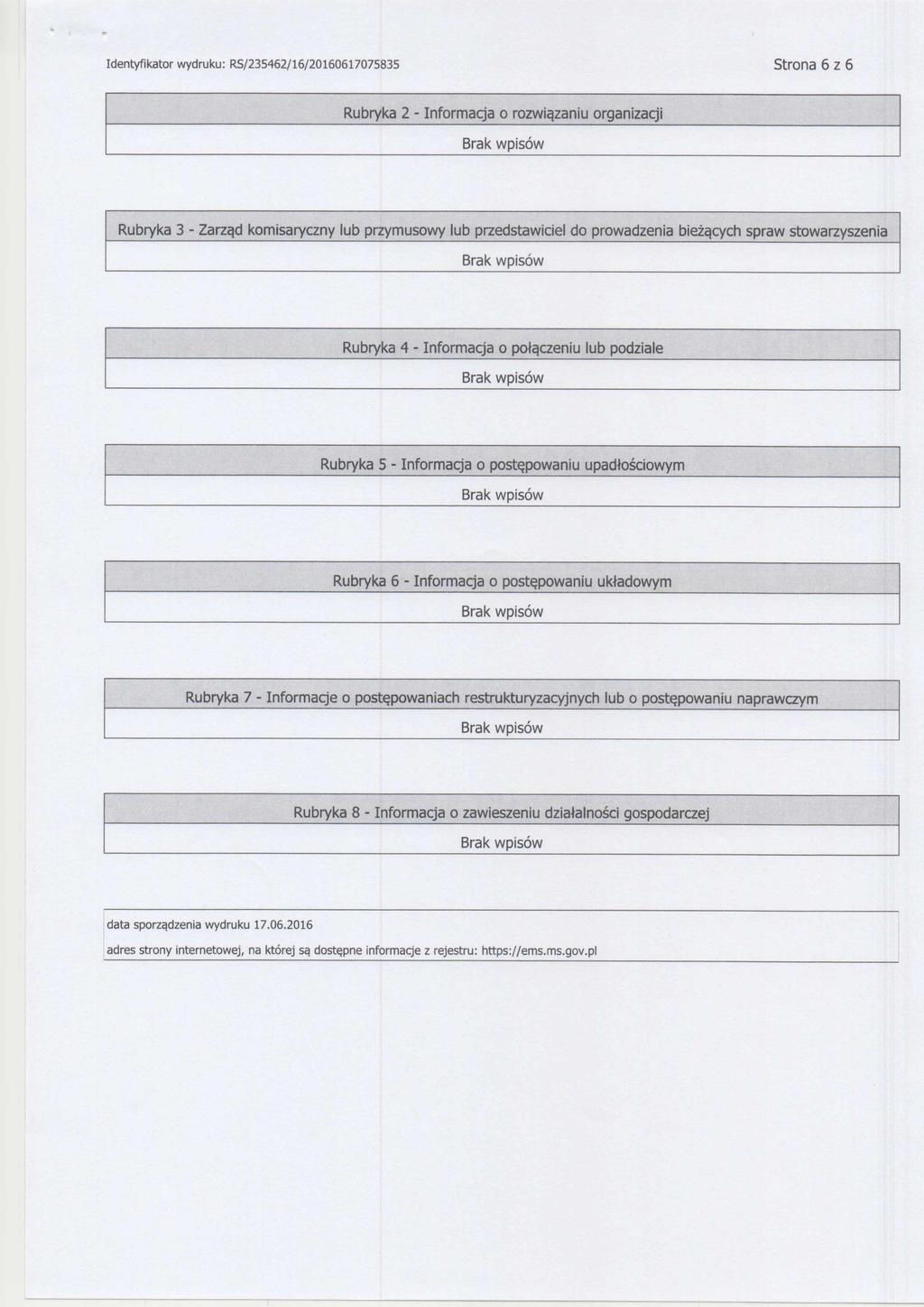Identyfikator wydruku: RS/235462/16/20160617075835 Strona 6 z 6 Rubryka 2 - Informacja o rozwiązaniu organizacji Rubryka 3 - Zarząd komisaryczny lub przymusowy lub przedstawiciel do prowadzenia