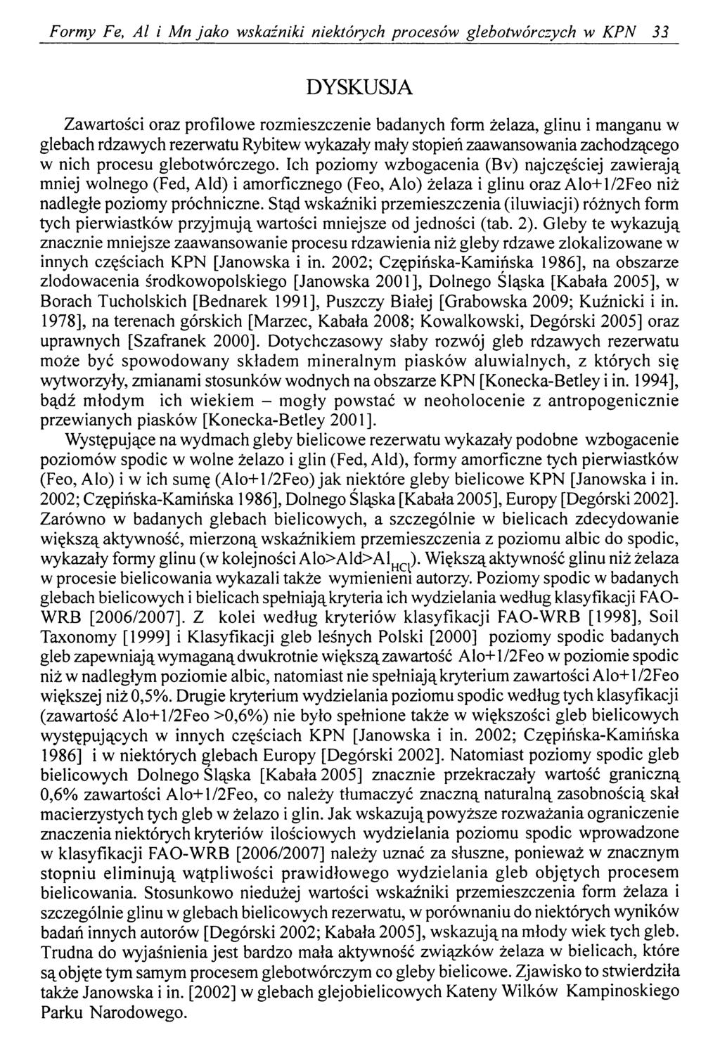 Formy Fe, Al i Mn jako wskaźniki niektórych procesów gleb otwór czy ch w KPN 33 DYSKUSJA Zawartości oraz profilowe rozmieszczenie badanych form żelaza, glinu i manganu w glebach rdzawych rezerwatu