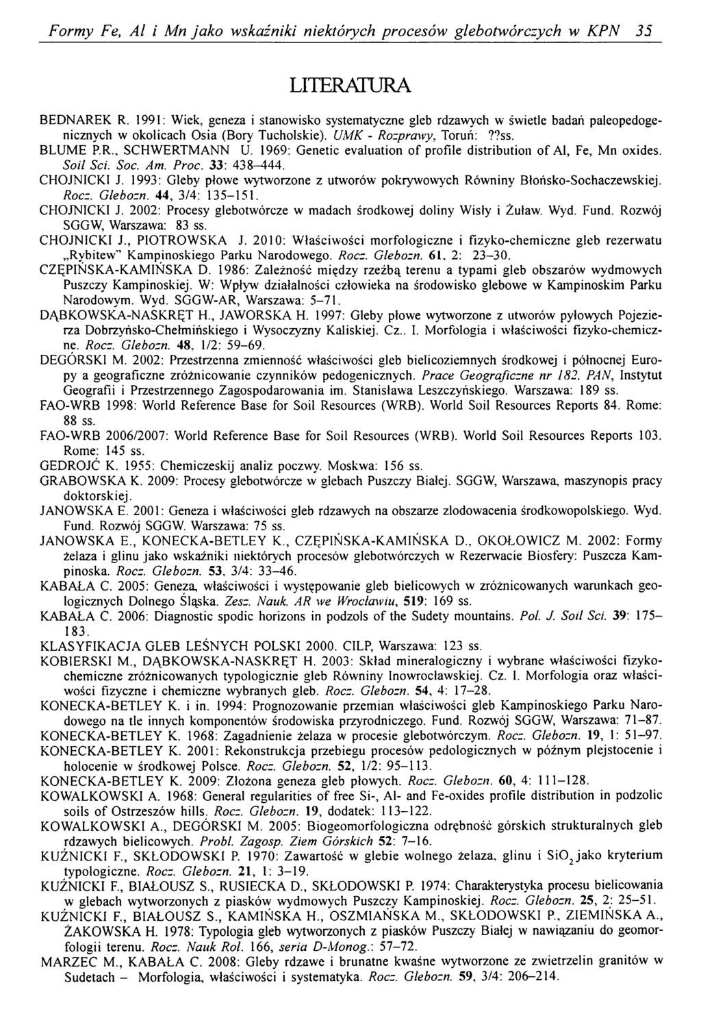 Formy Fe, Al i Mn jako wskaźniki niektórych procesów glebotwórczych w KPN 35 LITERATURA BEDNAREK R.