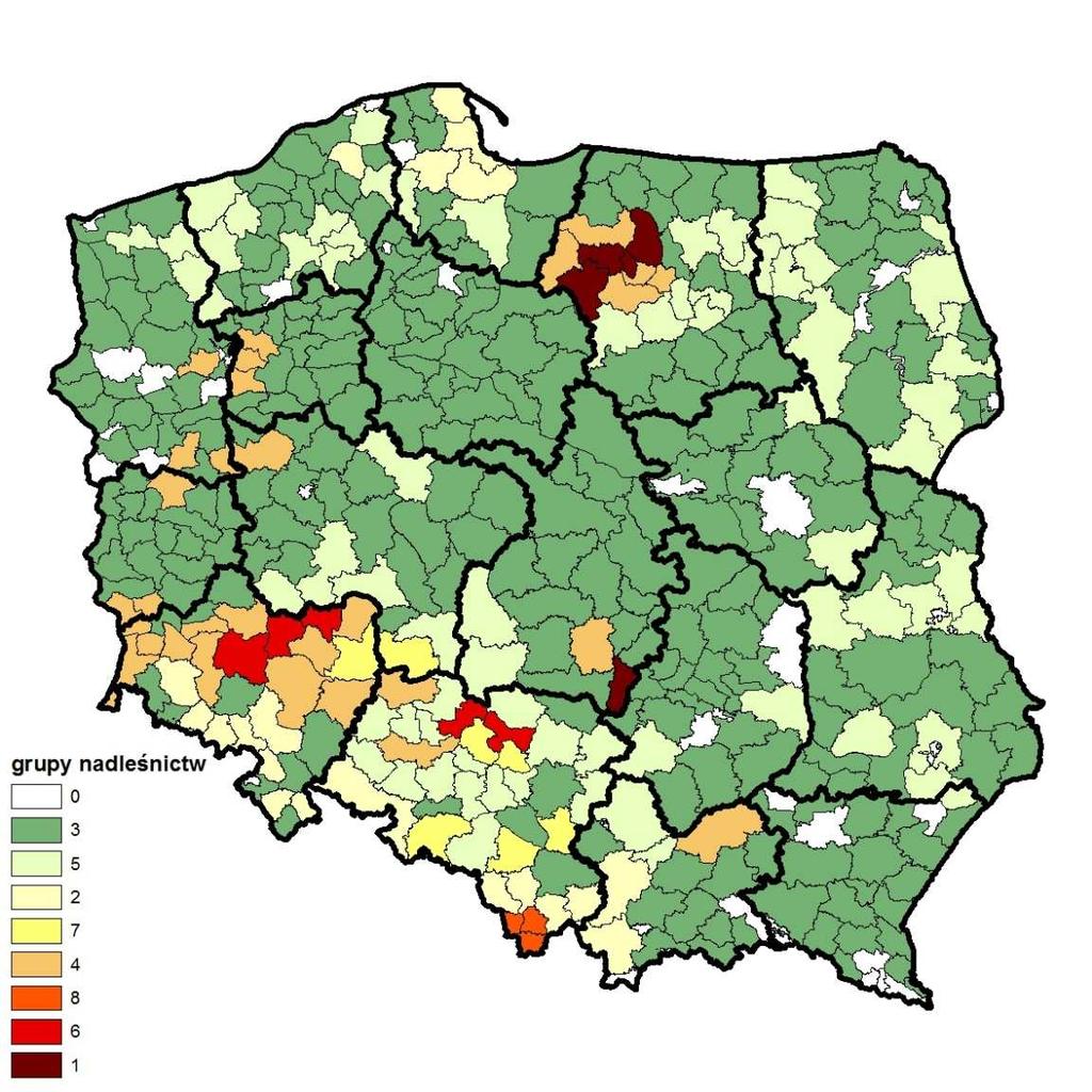 Grupowanie nadleśnictw metodą niehierarchiczną [k-średnich] wg powierzchni występowania wybranych