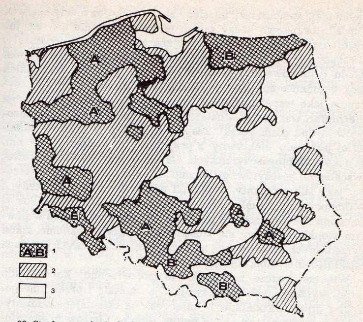 Strefy zdrowotności lasów Polski (wg Nunberga [1951]) 1 lasy o niskiej odporności, 2 lasy o średniej odporności, 3 lasy odporne Strefy zagroŝenia lasów