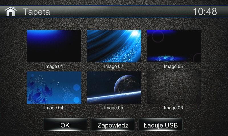 Rys 17 Rys 18 Tapeta Kliknij ikonę Tapeta, w nowym menu (rys 18) masz do wyboru 6 tapet z zasobów własnych urządzenia. Wybierz jedną z nich i kliknij OK, tapeta zostanie zamieniona.