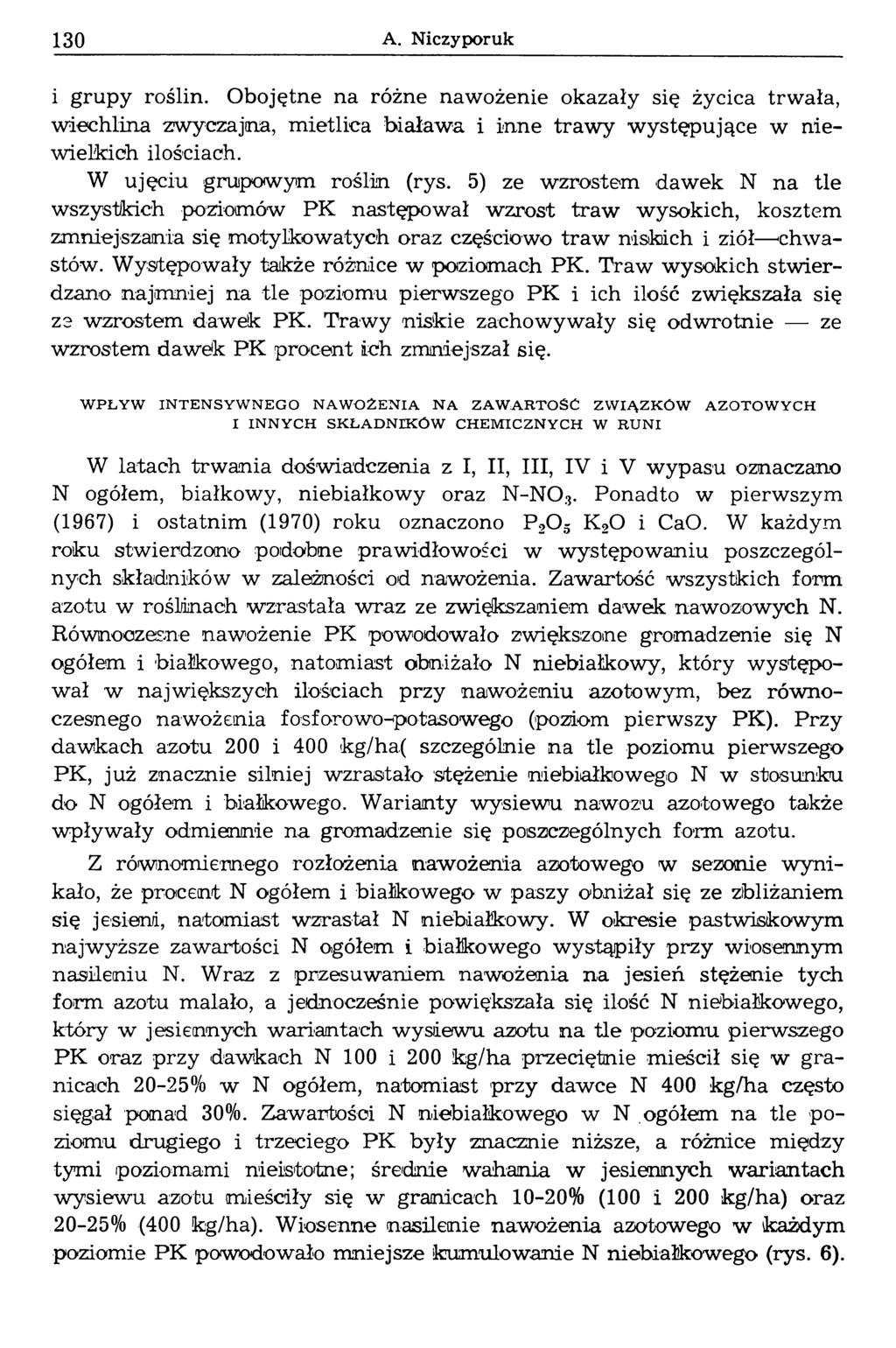 130 A. Niczyporuk i grupy roślin. Obojętne na różne nawożenie okazały się życica trwała, wiechlina zwyczajna, mietlica biaława i inne trawy występujące w niewielkich ilościach.