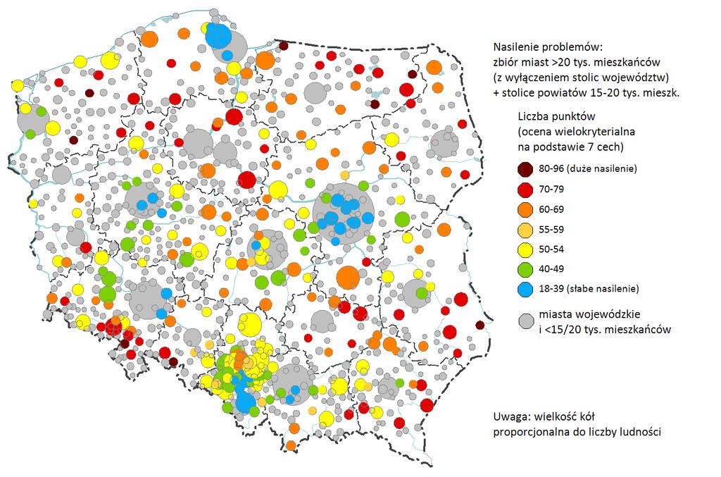 Ryc. 2.8. Kumulacja problemów społeczno-ekonomicznych w gminach miejskich i miejsko-wiejskich. Na podstawie: Śleszyński P., Bański J., Degórski M., Komornicki T.