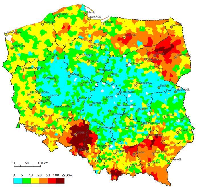 Rozszacowano to w ten sposób, że przyjęto to na podstawie ostatniej znanej geograficznej struktury z NSP 2002 (ryc. 2.4). Ostatnim etapem była prezentacja wyników na mapie. Ryc. 2.4. Udział ludności przebywającej poza granicami kraju >12 miesięcy wg NSP 2002.