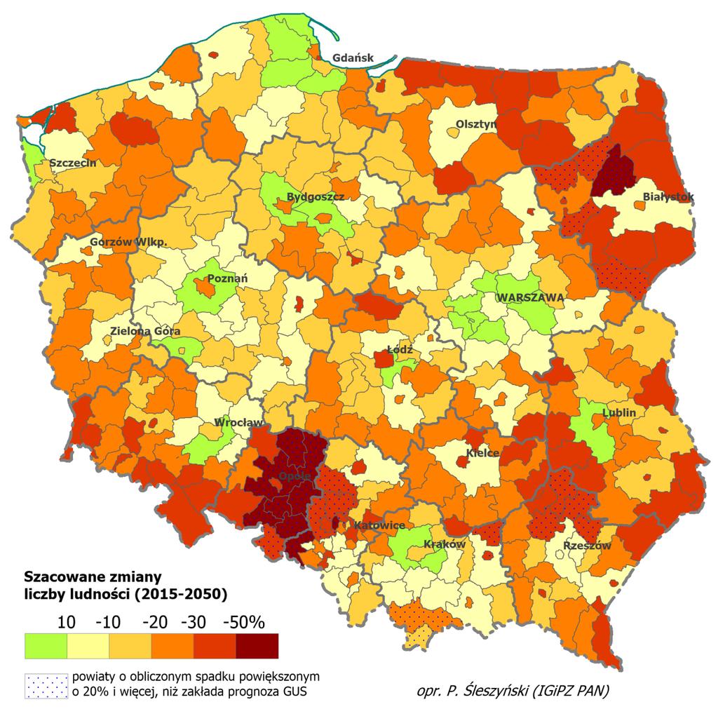 Szansą dla nich mogłaby być większa koncentracja osadnicza przy aktualnie niskiej urbanizacji (wschodnia i centralna część kraju), ale musiałoby się to odbywać kosztem terenów wiejskich. Ryc. 2.5.