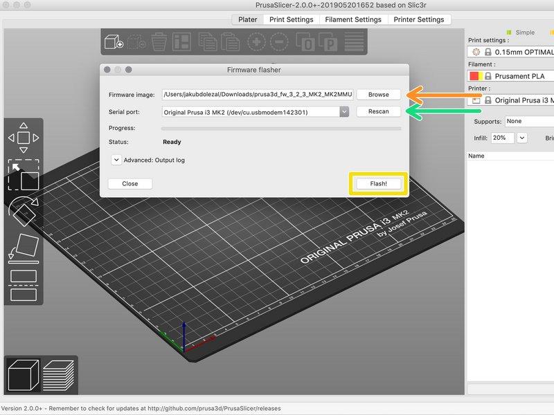 Step 7 Aktualizacja obydwóch firmware przy użyciu PrusaSlicer Otwórz PrusaSlicer i z menu wybierz Konfiguracja -> Flash firmware drukarki Najpierw wybierz plik z firmware znajdujący się na dysku