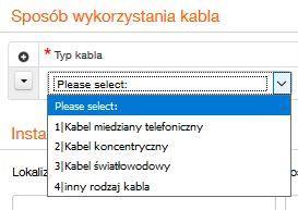 Następnie należy określić Sposób wykorzystania kabla. Po wybraniu,,typ kabla, pojawi się okno z możliwością wyboru. Wymagane jest uzupełnienie wszystkich pól w wierszu.