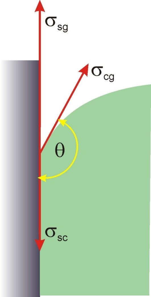 menisk wklęsły Kształt menisku zależy od proporcji między napięciem powierzchniowym σ cg a napięciami międzyfazowymi σ sg