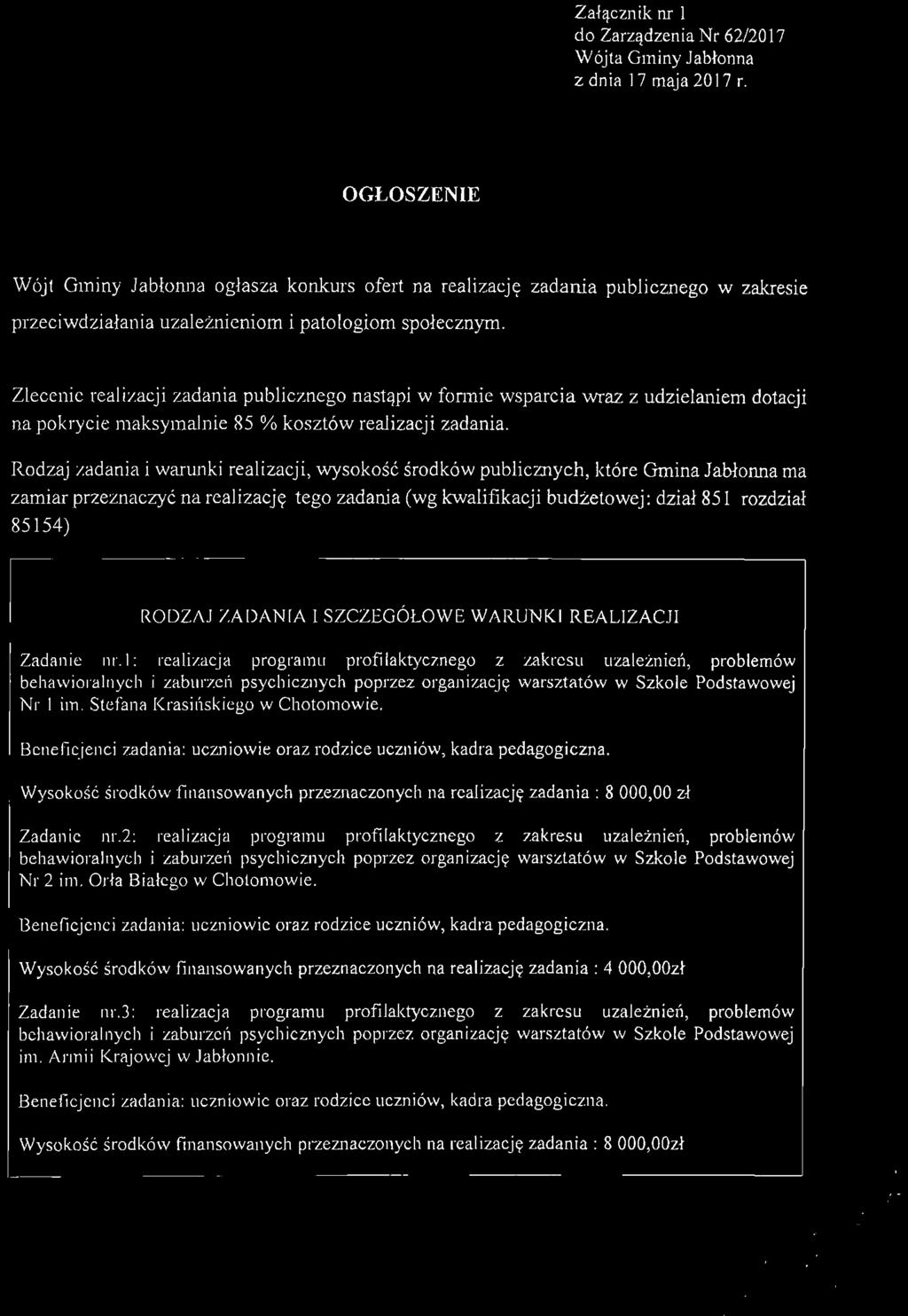 Załącznik nr I do Zarzą dzenia Nr 62/2017 Wójta Gminy Jabłonna z dnia 17 maja 20 17 r.