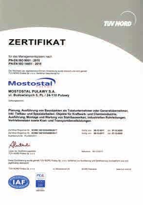 Certyfikat Systemu Zarządzania BHP wg normy SCC**2008/5.1 wydany przez DNV.