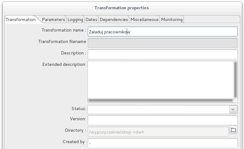Zatwierdź zapis wybierając przycisk OK. z) Zamknij transformację (np. poprzez naciśnięcie ikony krzyżyka w pasku zakładek). aa) Otwórz transformację Zaladuj pracownikow.