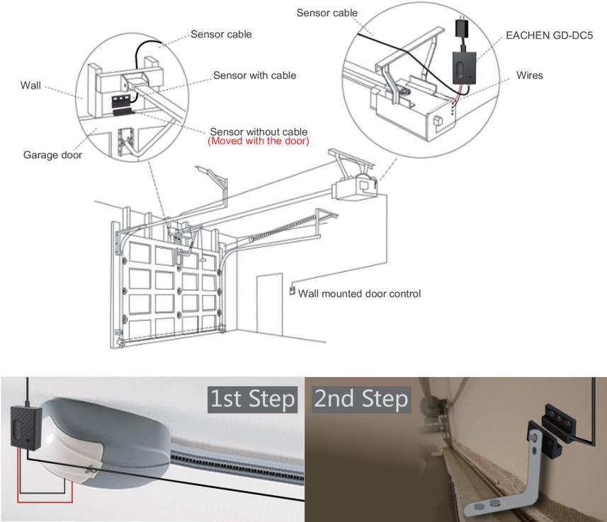 Kolejne kroki wykonaj po dodaniu urządzenia do aplikacji *Przed instalacją zamknij drzwi garażowe MONTAŻ kabel czujnika kabel czujnika ściana drzwi garażowe czujnik z kablem magnes (porusza się z