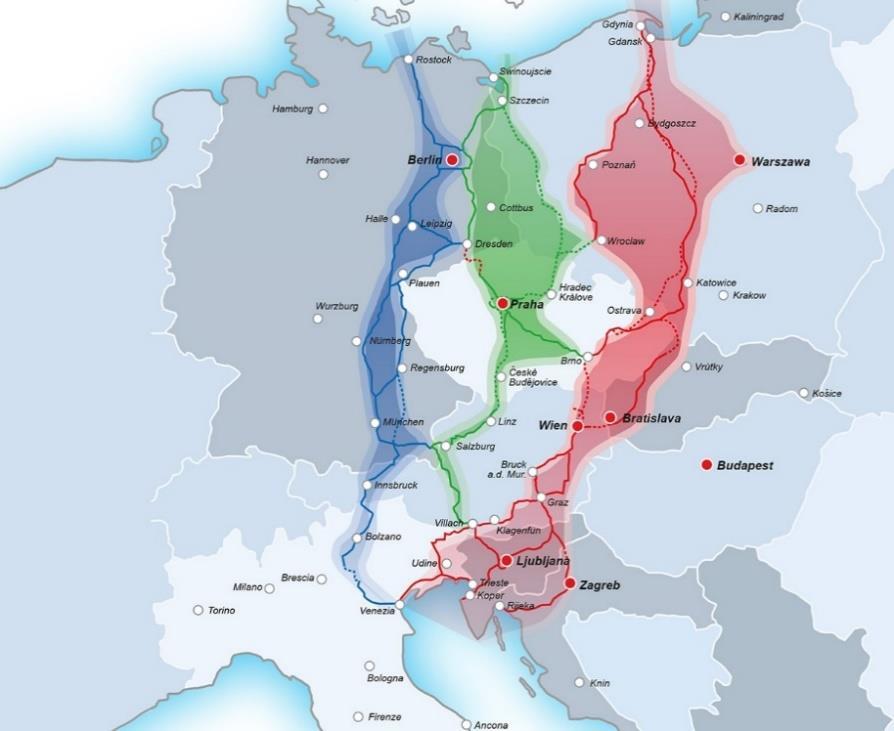 Korytarz Bałtyk-Adriatyk Korytarze Północ-Południe obejmują: Szlak zachodni biegnący poprzez port w Rostocku i dalej przez Niemcy, Austrię i Włochy Szlak centralny biegnący poprzez port w Świnoujściu