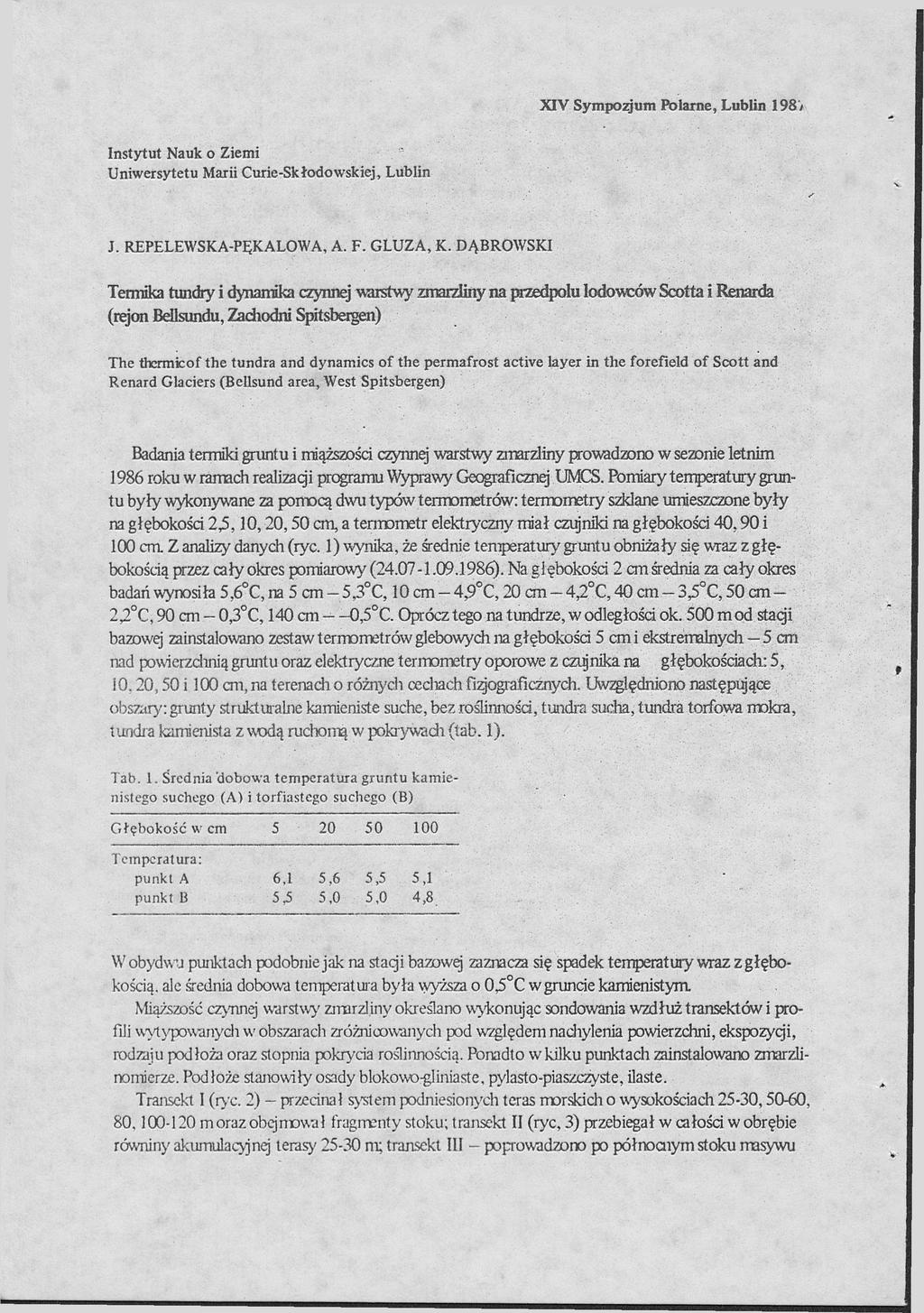 XIV Sympozjum Polarne, Lublin 198V Instytut Nauk o Ziemi Uniwersytetu Marii Curie-Skłodowskiej, Lublin J. REPELEWSKA-PĘKALOWA, A. F. GLUZA, K.