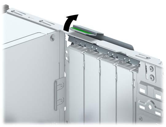 Wyjmowanie lub instalowanie karty rozszerzeń Komputer jest wyposażony w dwa gniazda rozszerzeń PCI Express x1, jedno gniazdo rozszerzeń PCI Express x16 i jedno gniazdo rozszerzeń PCI Express x16