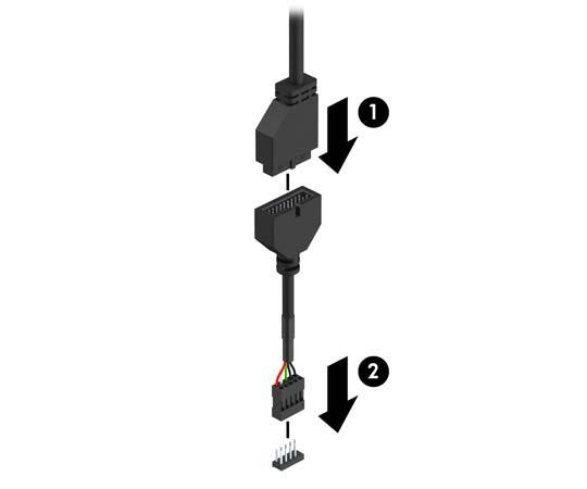 11. W przypadku instalacji czytnika kart pamięci USB 3.0 należy użyć adaptera USB 3.0 do USB 2.0 (1) i podłączyć kabel adaptera z czytnika kart pamięci do złącza USB 2.
