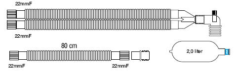 150 cm, łącznikiem prostym 22mmM-22mmM, łącznik Y zintegrowany z rurami odłączalny łacznik kolankowy z portem do kapnografii oraz filtra elektrostatycznego, którego masa wynosi 21 g (tylko o 1 g