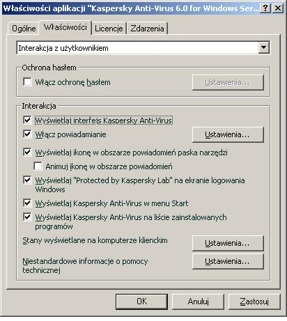 KONFIGUROWANIE OKREŚLONYCH USTAWIEŃ Podczas zarządzania Kaspersky-Anti-Virus przy użyciu Kaspersky Administration Kit można włączyć/wyłączyć możliwość interakcji z użytkownikiem, skonfigurować wygląd