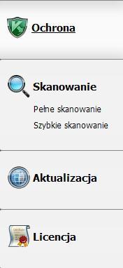 OKNO GŁÓWNE APLIKACJI Okno główne programu można podzielić na trzy części: W górnej części okna wyświetlany jest bieżący stan ochrony komputera. Rysunek 4.
