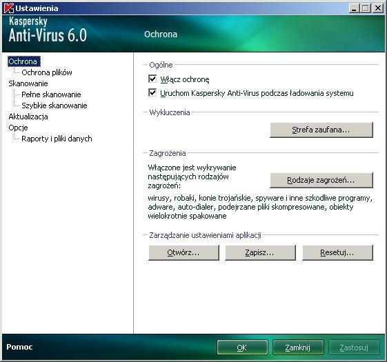 KONFIGUROWANIE USTAWIEŃ APLIKACJI Okno ustawień aplikacji wykorzystywane jest do szybkiego dostępu do głównych ustawień Kaspersky Anti-Virus 6.0. Rysunek 9.