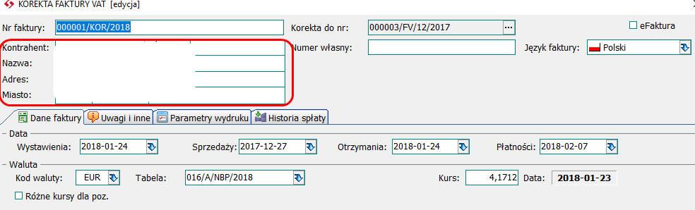 1. Korekty faktur Dodano pełne informacje adresowe kontrahenta: 2.